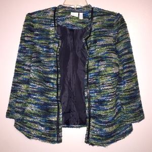 Kim Rogers open front blazer jacket blue green black fuzzy office businesswear L